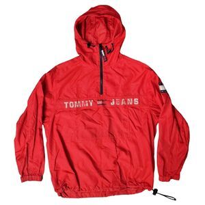 Vintage TOMMY HILFIGER Jacket Adult Small Red Pullover Windbreaker Spell Out